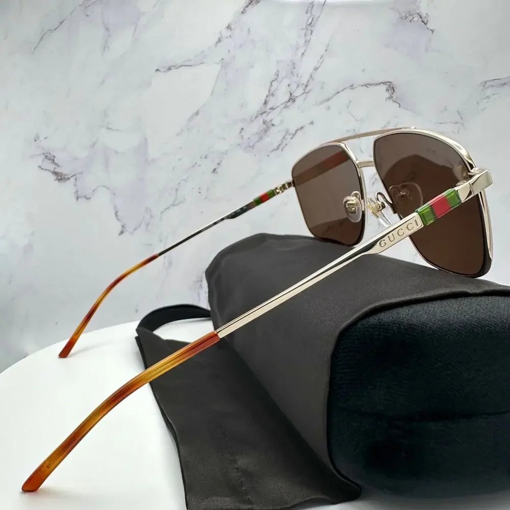 New GUCCI Sunglasses Gold Metal Square Aviator Pilot Red Green Web Logo Mens